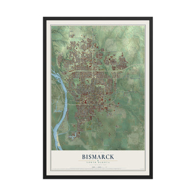 Map of Bismarck, North Dakota, 12 x 18 inch print in a black wood frame
