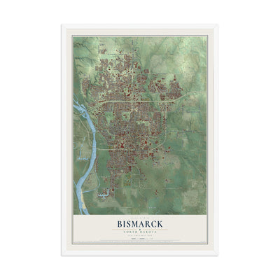 Map of Bismarck, North Dakota, 12 x 18 inch print in a white wood frame