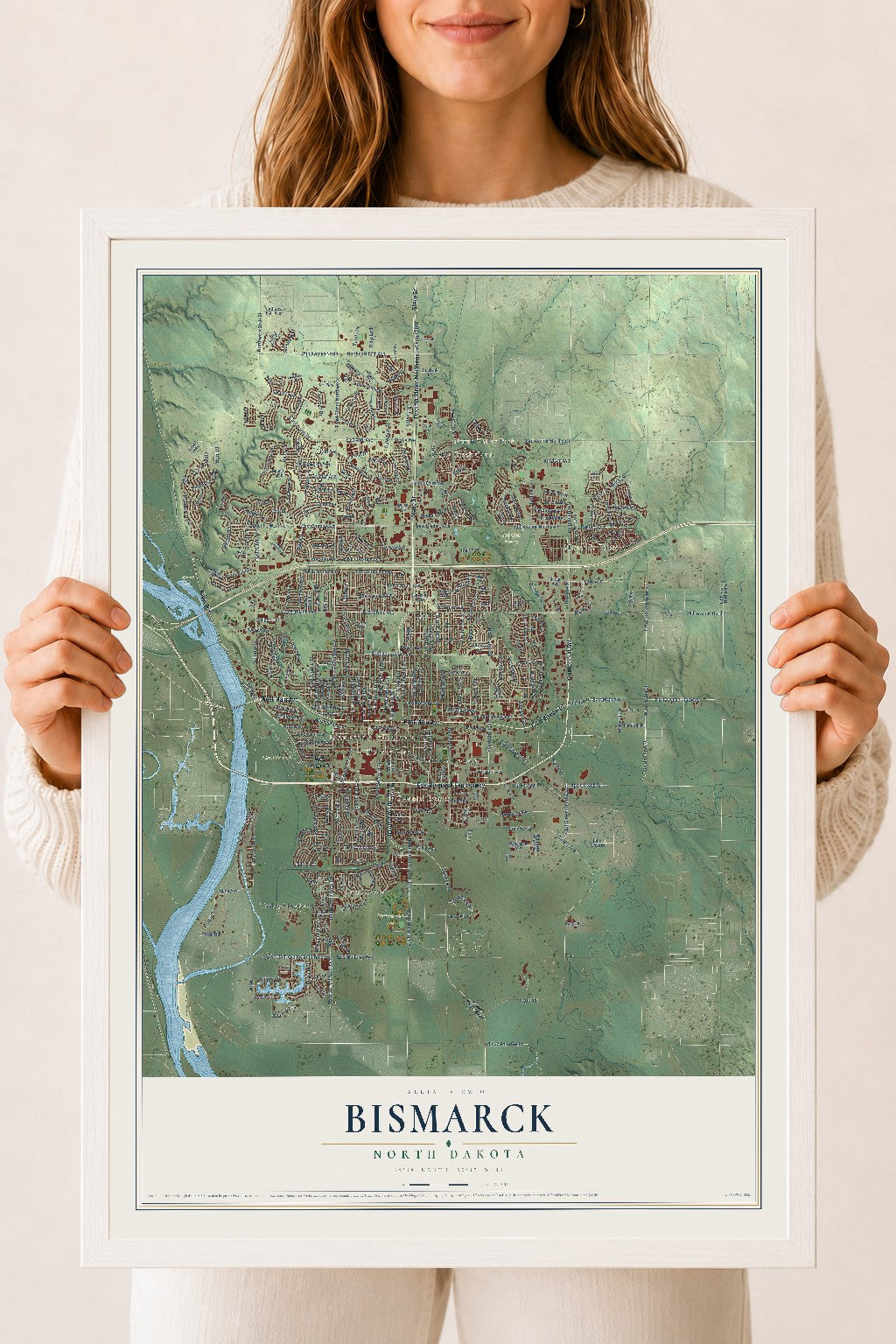 Map of Bismarck, North Dakota, 18 x 24 inch print in a white wood frame