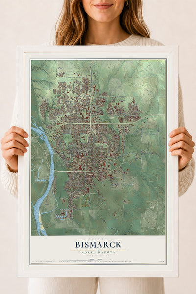 Map of Bismarck, North Dakota, 18 x 24 inch print in a white wood frame