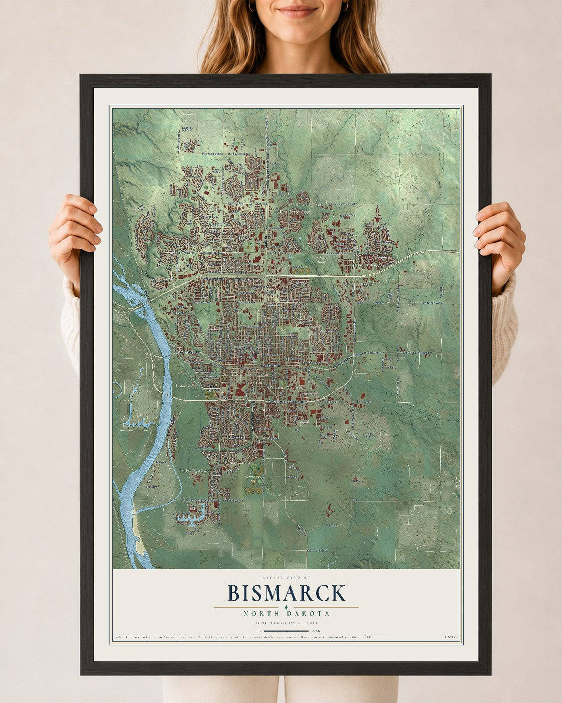 Map of Bismarck, North Dakota, 24 x 36 inch print in a black wood frame