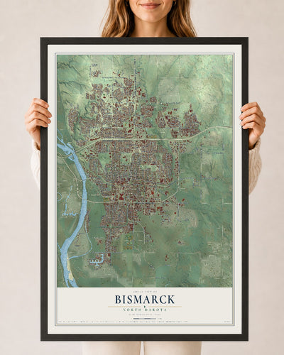 Map of Bismarck, North Dakota, 24 x 36 inch print in a black wood frame