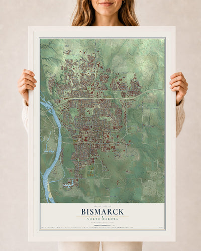 Map of Bismarck, North Dakota, 24 x 36 inch print in a white wood frame