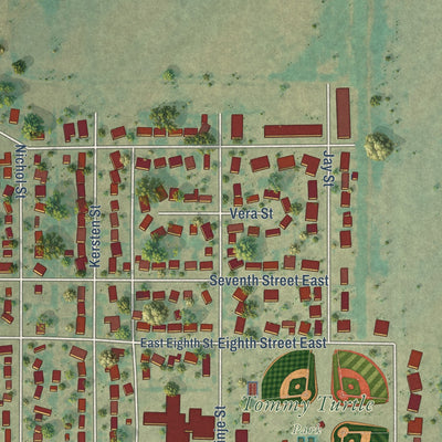 Second close-up of the map of Bottineau, North Dakota print showing more streets and buildings