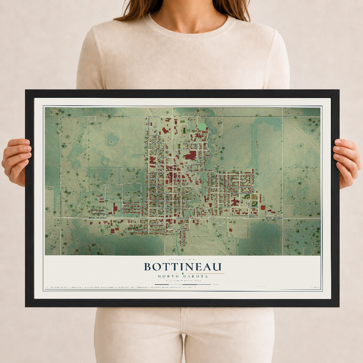 Map of Bottineau, North Dakota, 12 x 18 inch print in a black wood frame