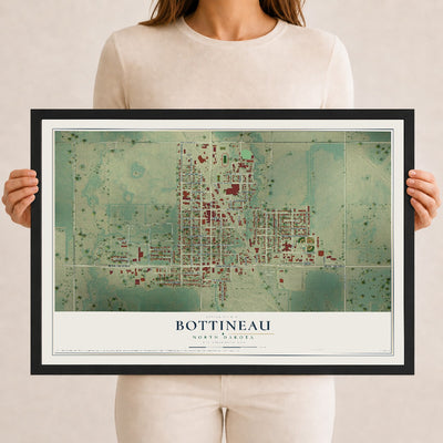 Map of Bottineau, North Dakota, 12 x 18 inch print in a black wood frame