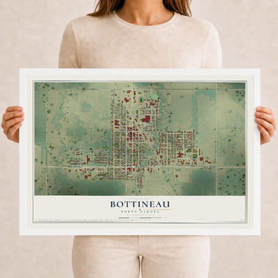 Map of Bottineau, North Dakota, 12 x 18 inch print in a white wood frame