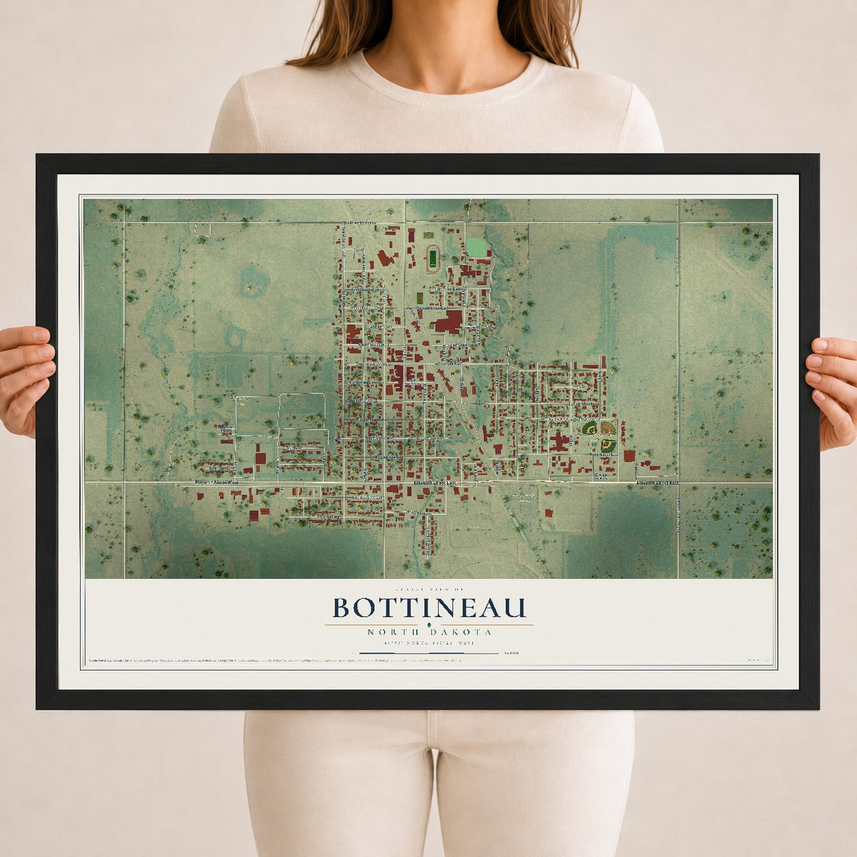 Map of Bottineau, North Dakota, 18 x 24 inch print in a black wood frame