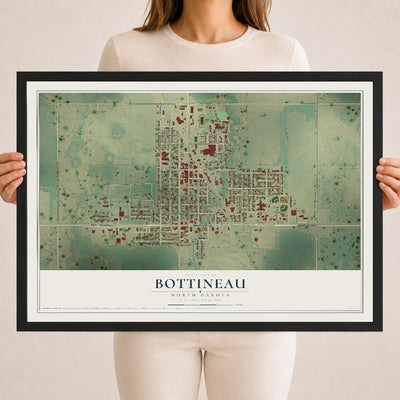 Map of Bottineau, North Dakota, 18 x 24 inch print in a black wood frame