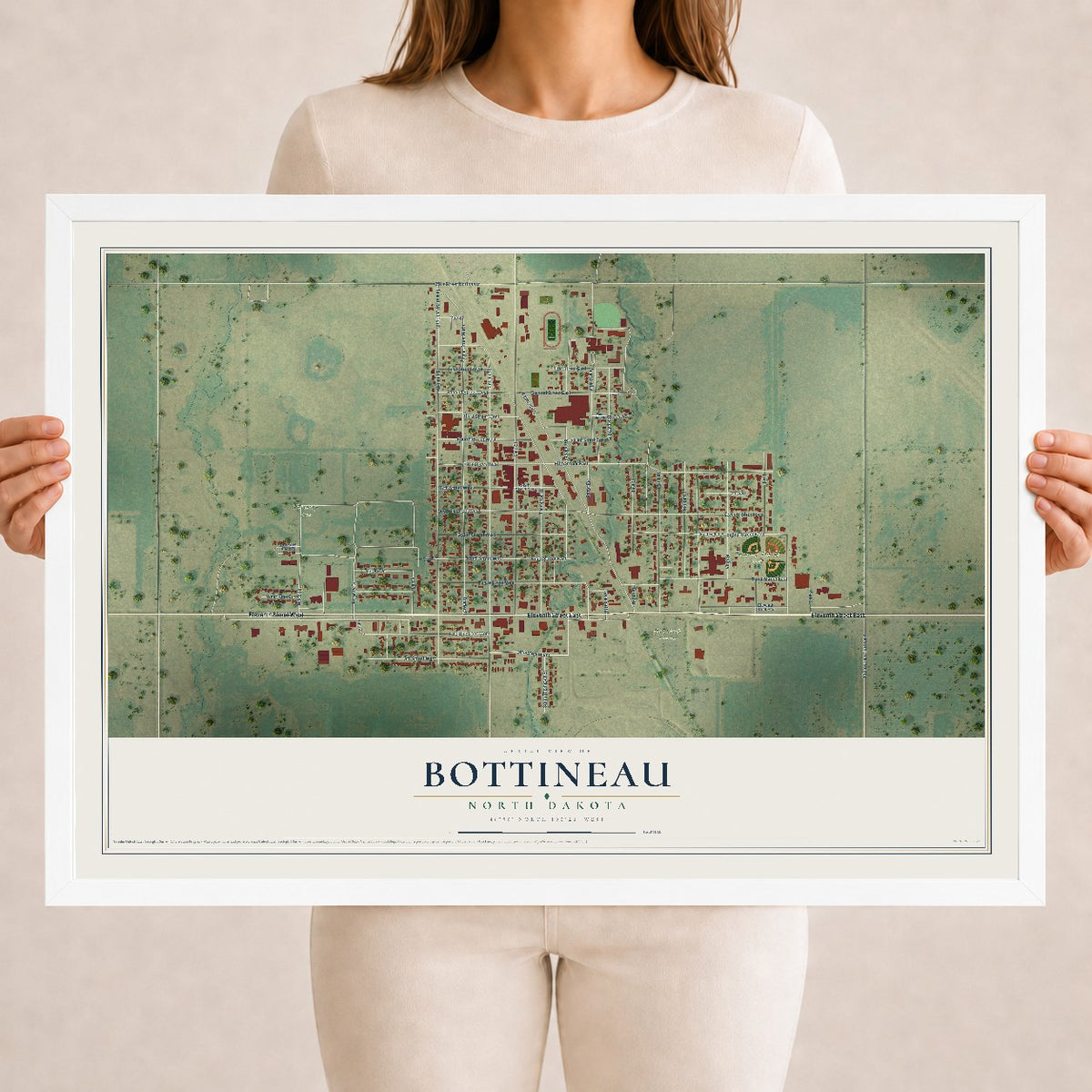 Map of Bottineau, North Dakota, 18 x 24 inch print in a white wood frame