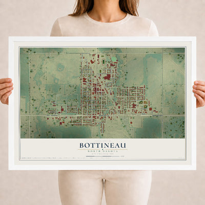 Map of Bottineau, North Dakota, 18 x 24 inch print in a white wood frame