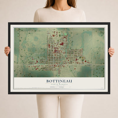 Map of Bottineau, North Dakota, 24 x 36 inch print in a black wood frame