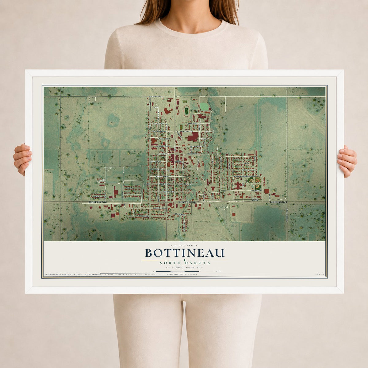 Map of Bottineau, North Dakota, 24 x 36 inch print in a white wood frame