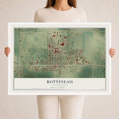 Map of Bottineau, North Dakota, 24 x 36 inch print in a white wood frame