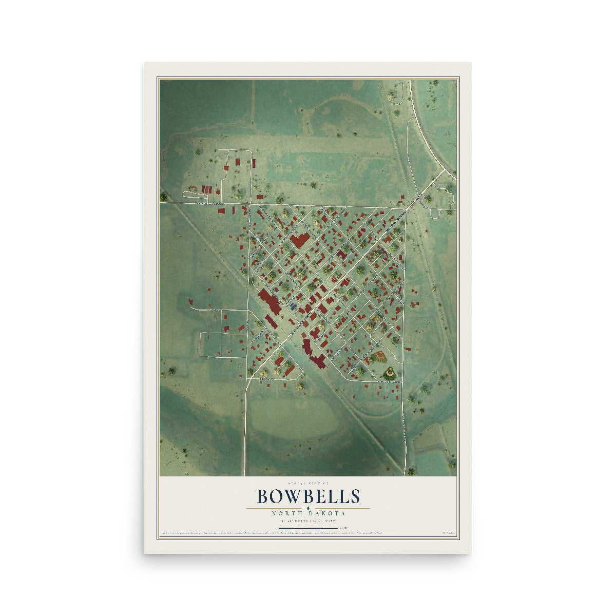 Map of Bowbells, North Dakota, 12 x 18 inch unframed archival matte print