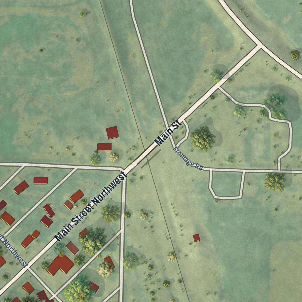 Second close-up of the map of Bowbells, North Dakota print showing more streets and buildings