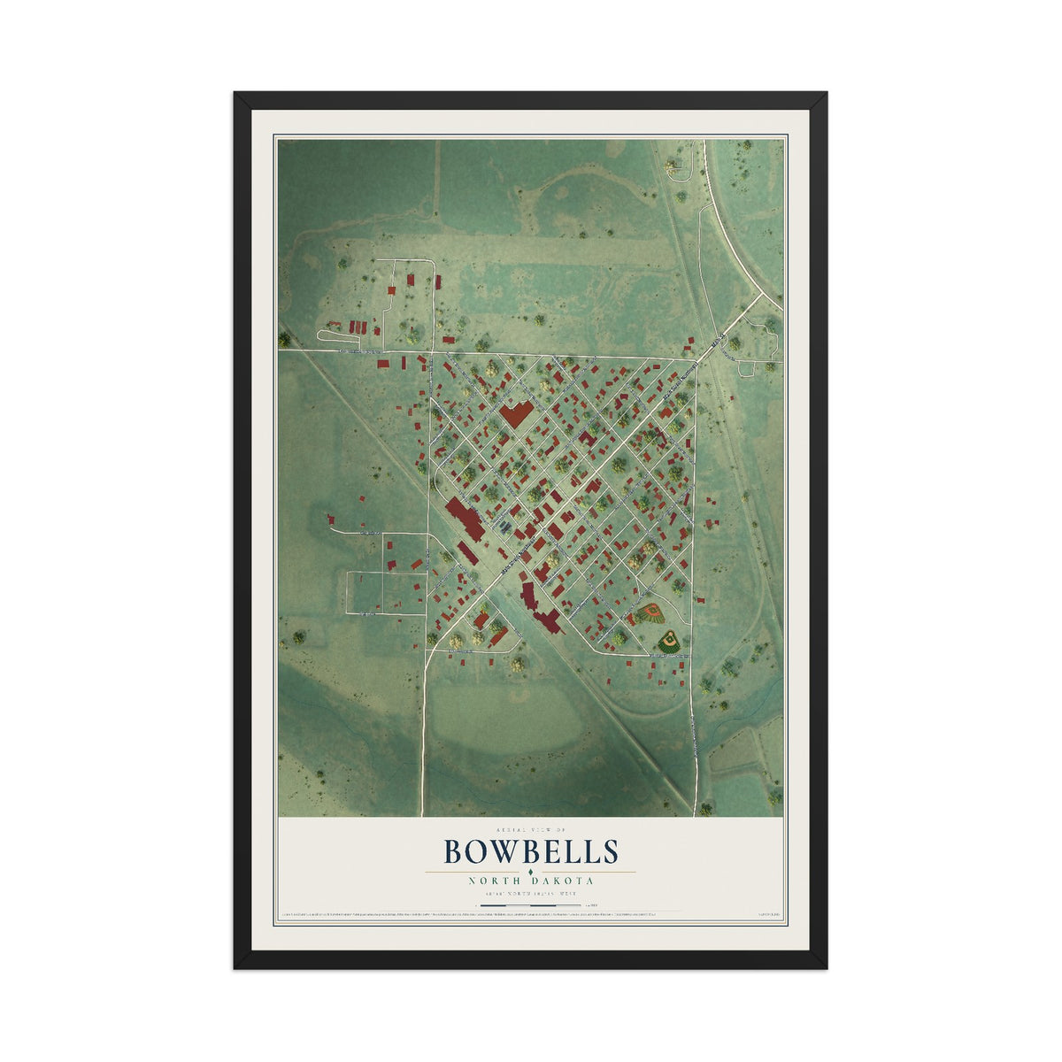 Map of Bowbells, North Dakota, 12 x 18 inch print in a black wood frame