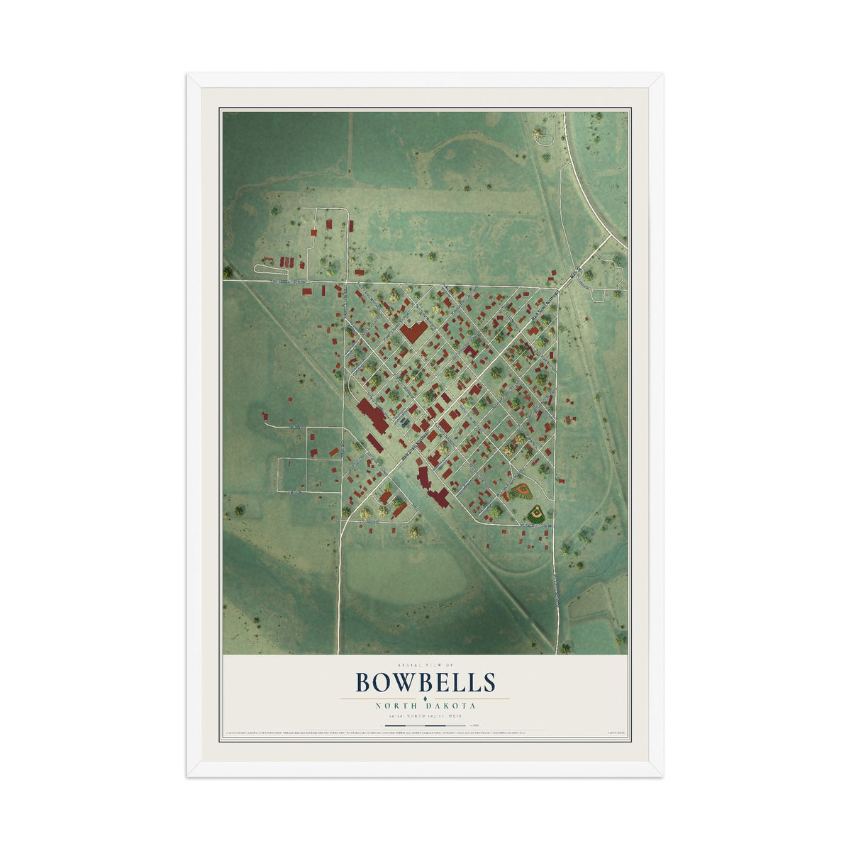 Map of Bowbells, North Dakota, 12 x 18 inch print in a white wood frame