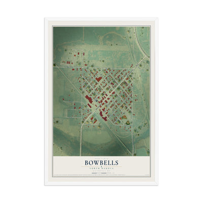 Map of Bowbells, North Dakota, 12 x 18 inch print in a white wood frame