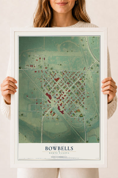 Map of Bowbells, North Dakota, 18 x 24 inch print in a white wood frame