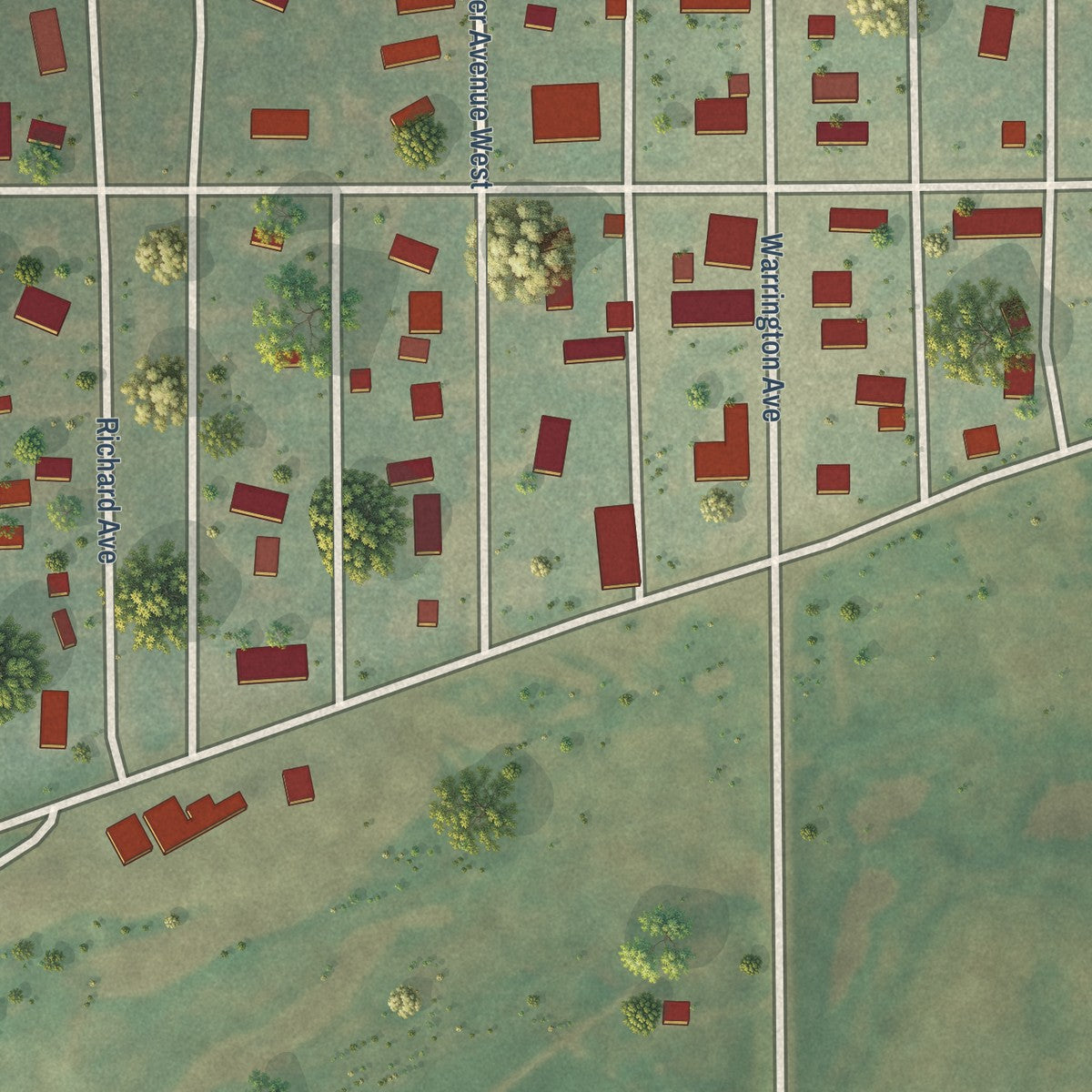 Close-up of the map of Bowdon, North Dakota print showing street and building detail