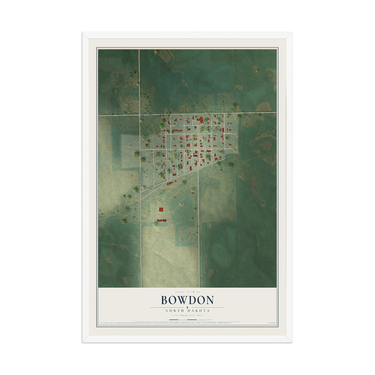 Map of Bowdon, North Dakota, 12 x 18 inch print in a white wood frame