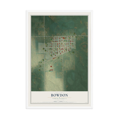 Map of Bowdon, North Dakota, 12 x 18 inch print in a white wood frame