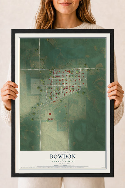 Map of Bowdon, North Dakota, 18 x 24 inch print in a black wood frame