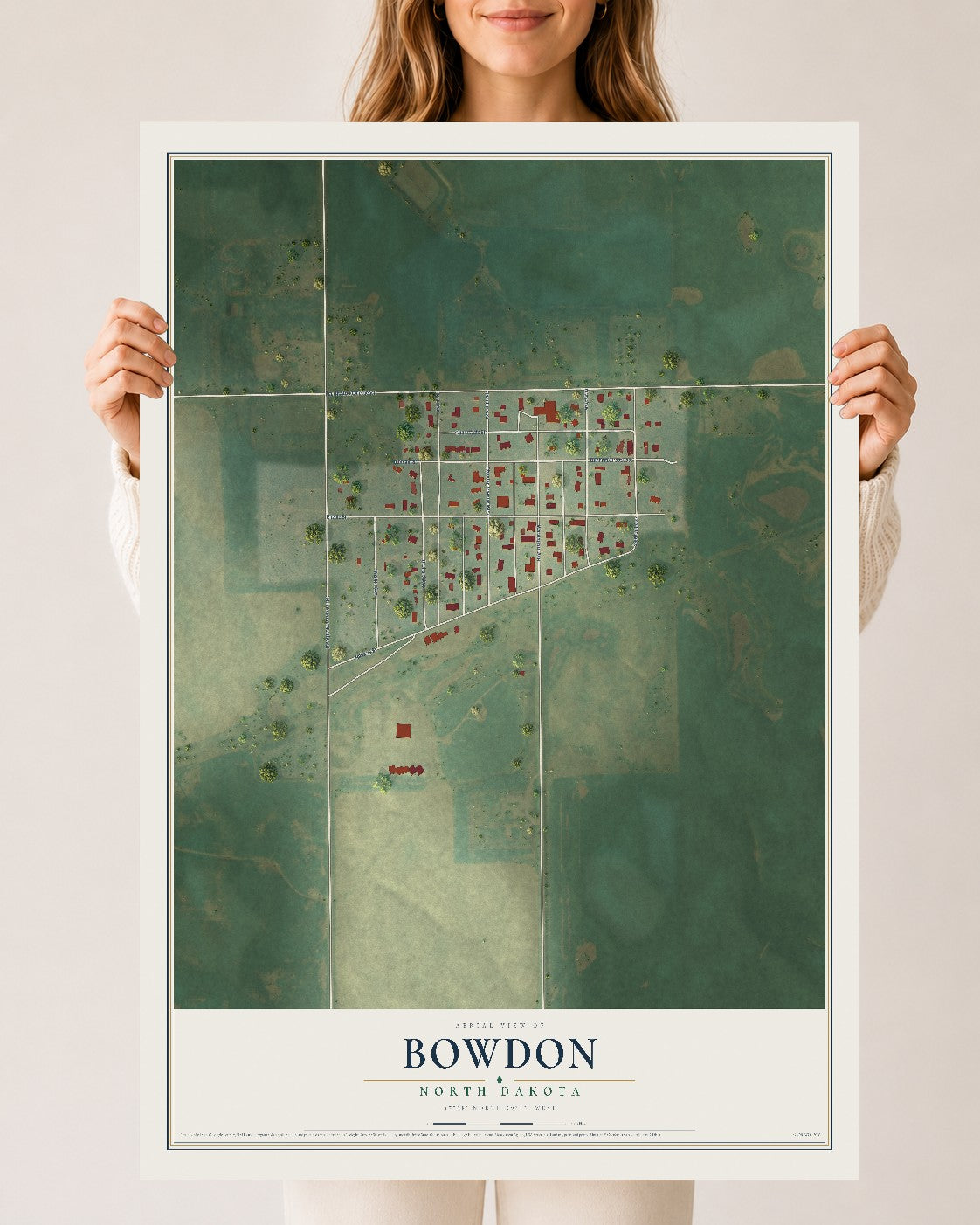Map of Bowdon, North Dakota, 24 x 36 inch unframed archival matte print