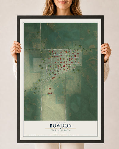 Map of Bowdon, North Dakota, 24 x 36 inch print in a black wood frame