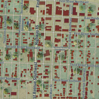 Close-up of the map of Bowman, North Dakota print showing street and building detail