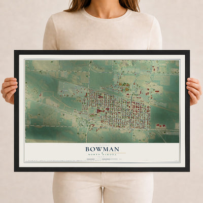 Map of Bowman, North Dakota, 12 x 18 inch print in a black wood frame
