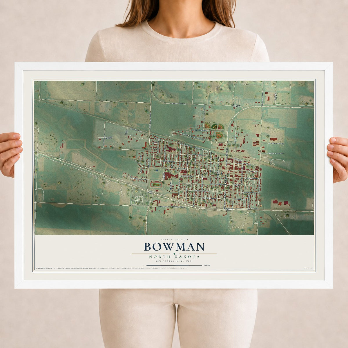 Map of Bowman, North Dakota, 18 x 24 inch print in a white wood frame