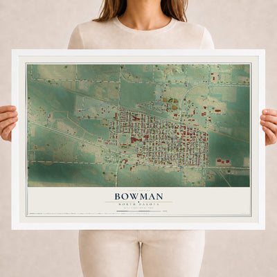 Map of Bowman, North Dakota, 18 x 24 inch print in a white wood frame