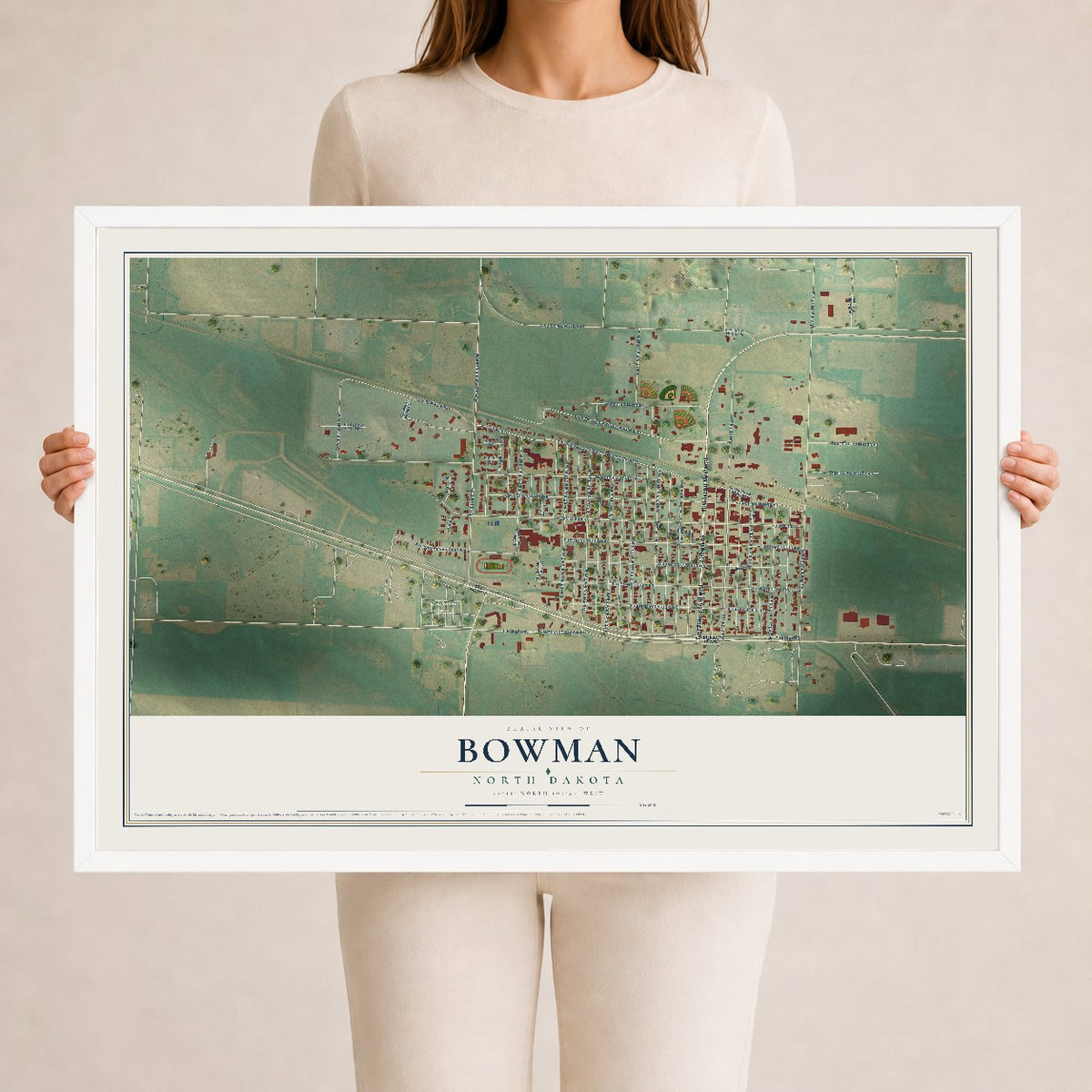 Map of Bowman, North Dakota, 24 x 36 inch print in a white wood frame