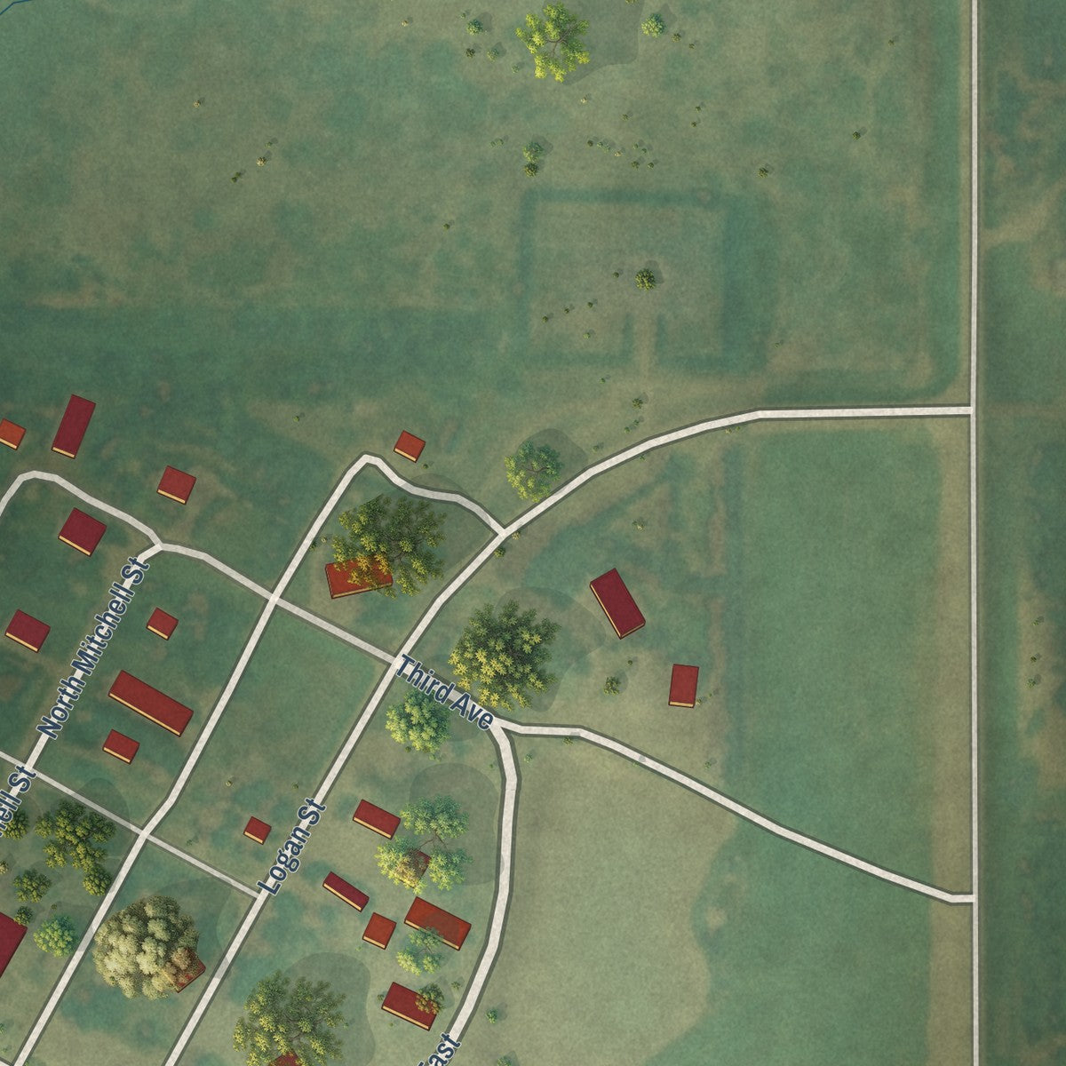 Close-up of the map of Braddock, North Dakota print showing street and building detail