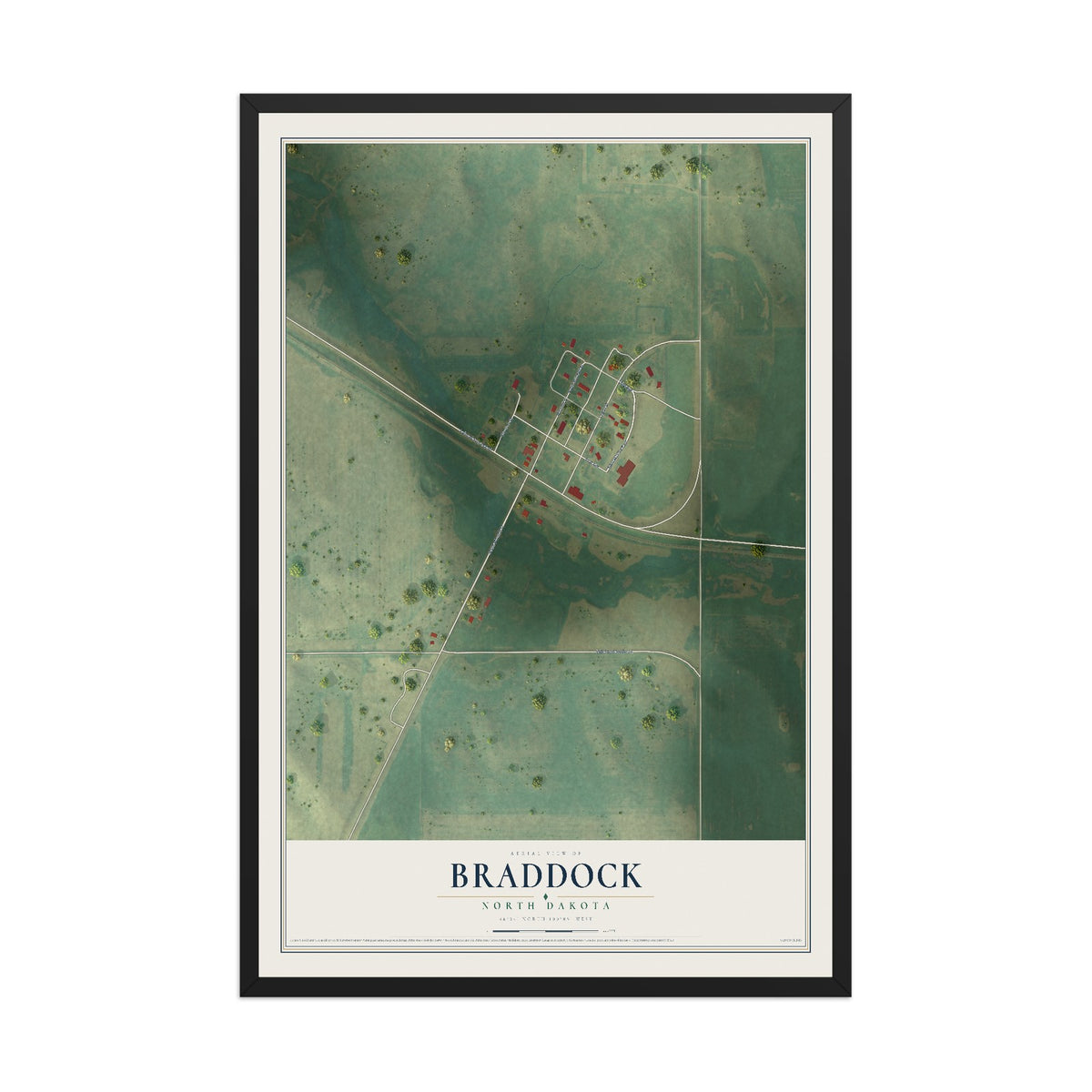 Map of Braddock, North Dakota, 12 x 18 inch print in a black wood frame