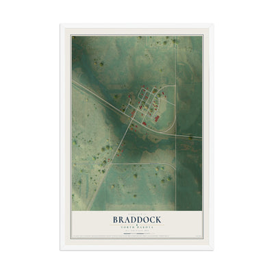 Map of Braddock, North Dakota, 12 x 18 inch print in a white wood frame