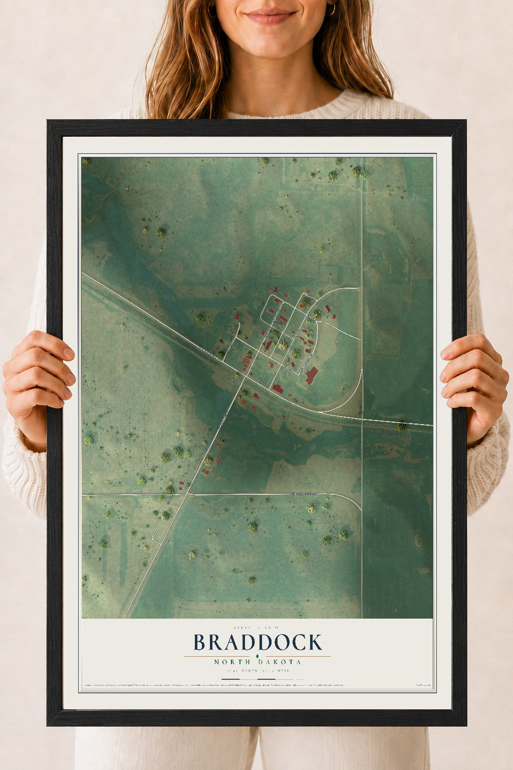 Map of Braddock, North Dakota, 18 x 24 inch print in a black wood frame