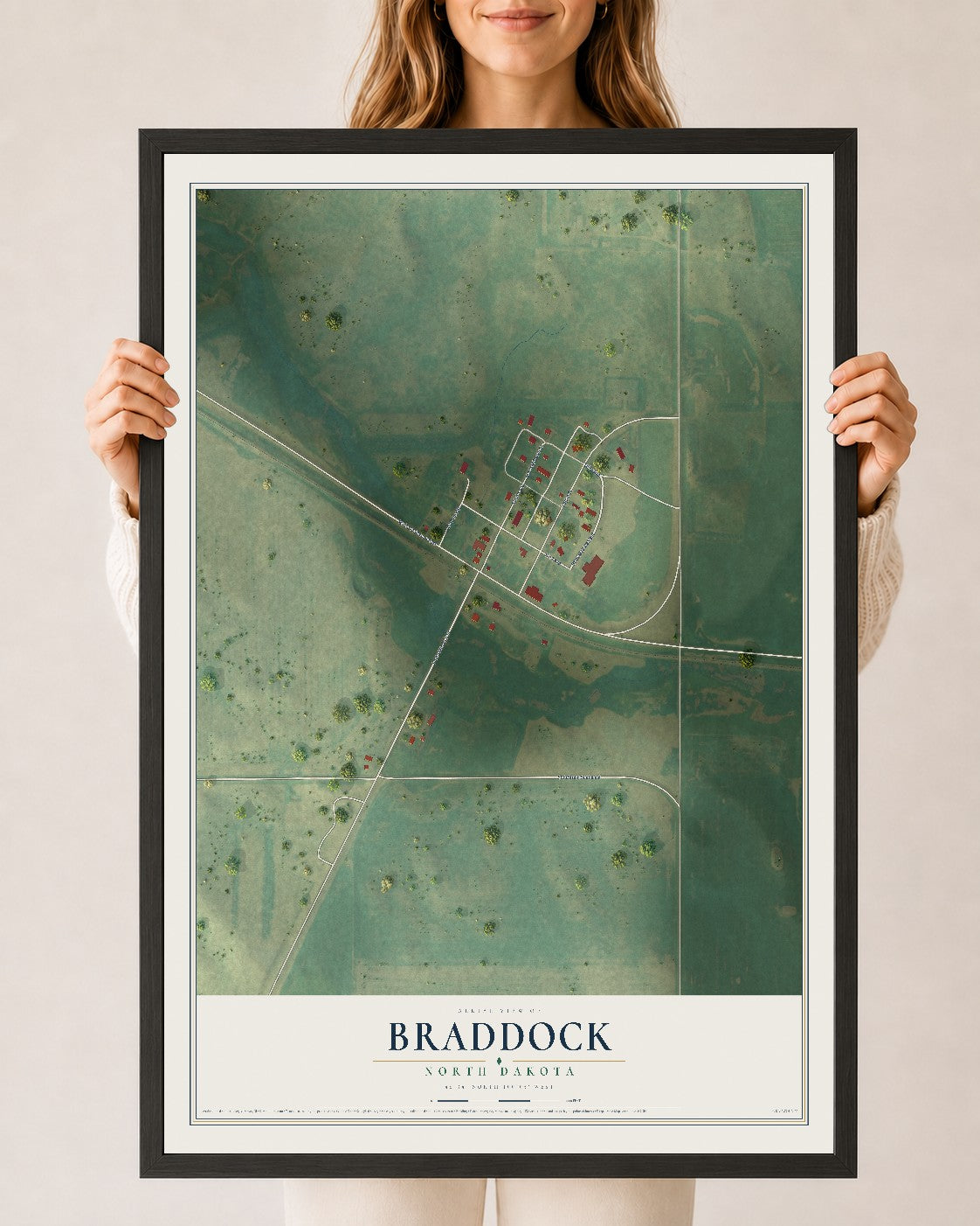 Map of Braddock, North Dakota, 24 x 36 inch print in a black wood frame