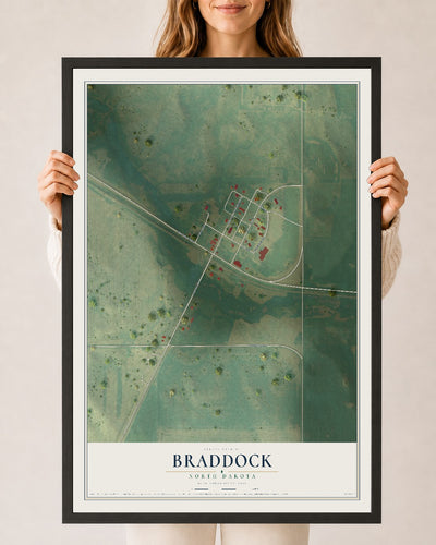 Map of Braddock, North Dakota, 24 x 36 inch print in a black wood frame