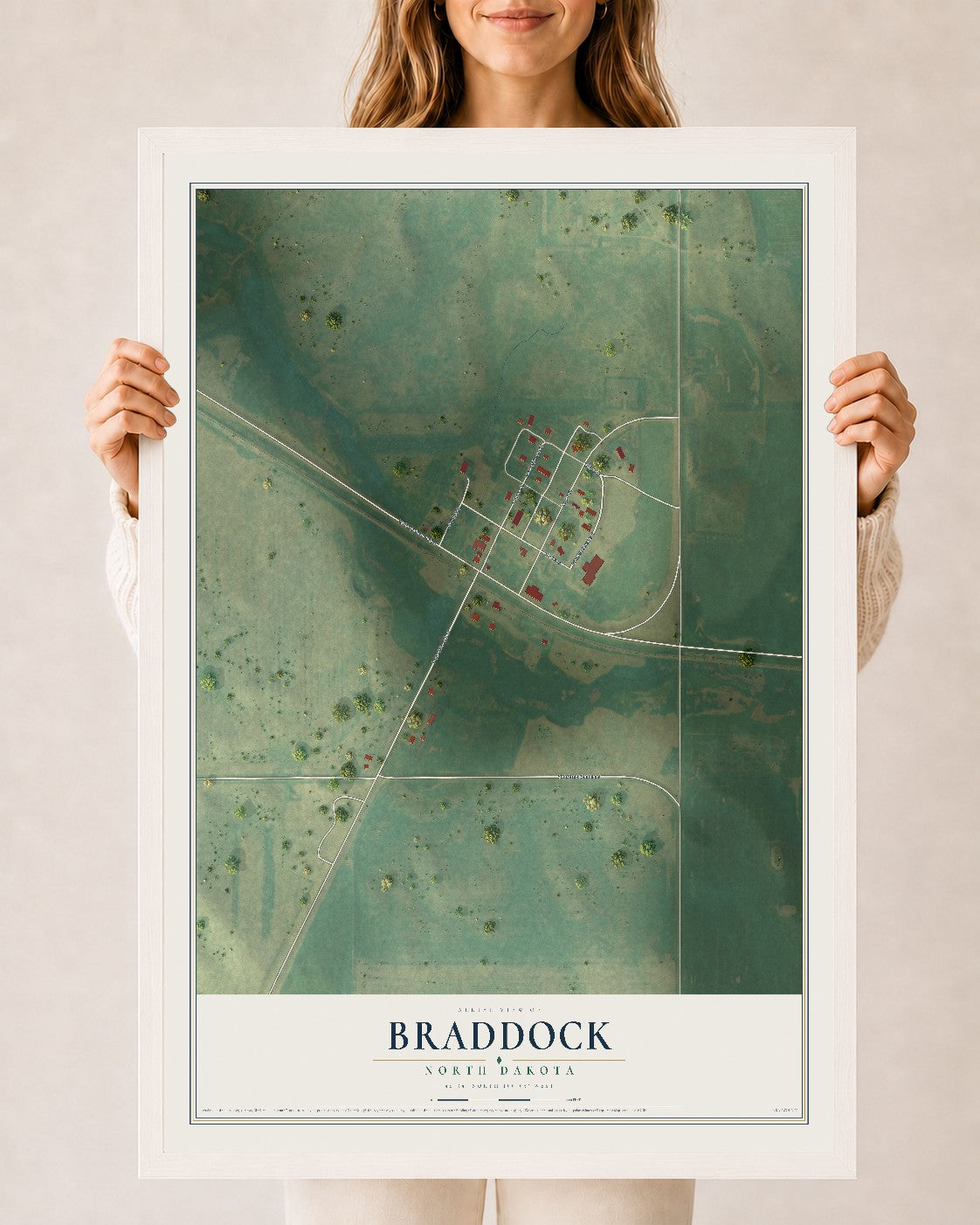 Map of Braddock, North Dakota, 24 x 36 inch print in a white wood frame
