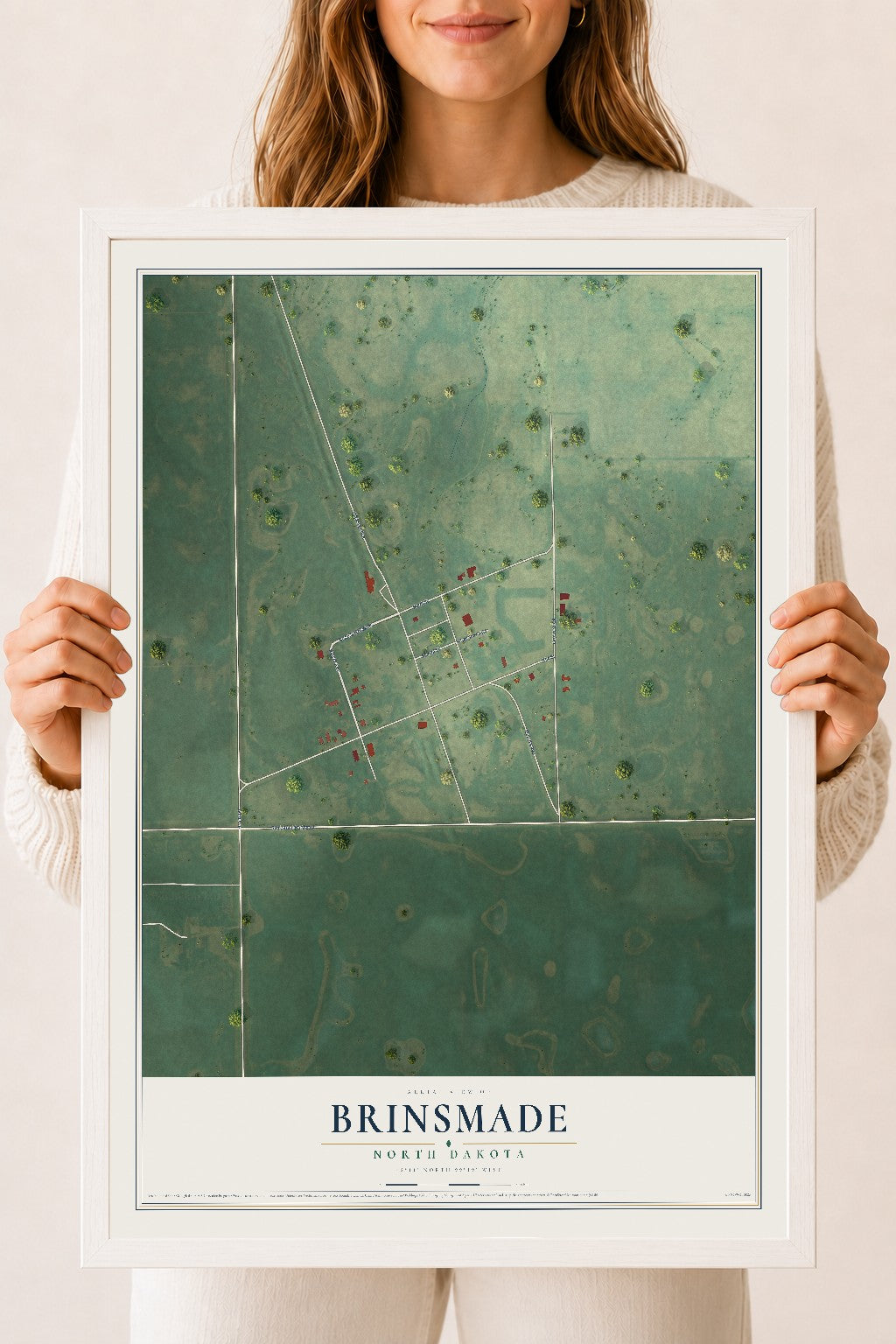 Map of Brinsmade, North Dakota, 18 x 24 inch print in a white wood frame