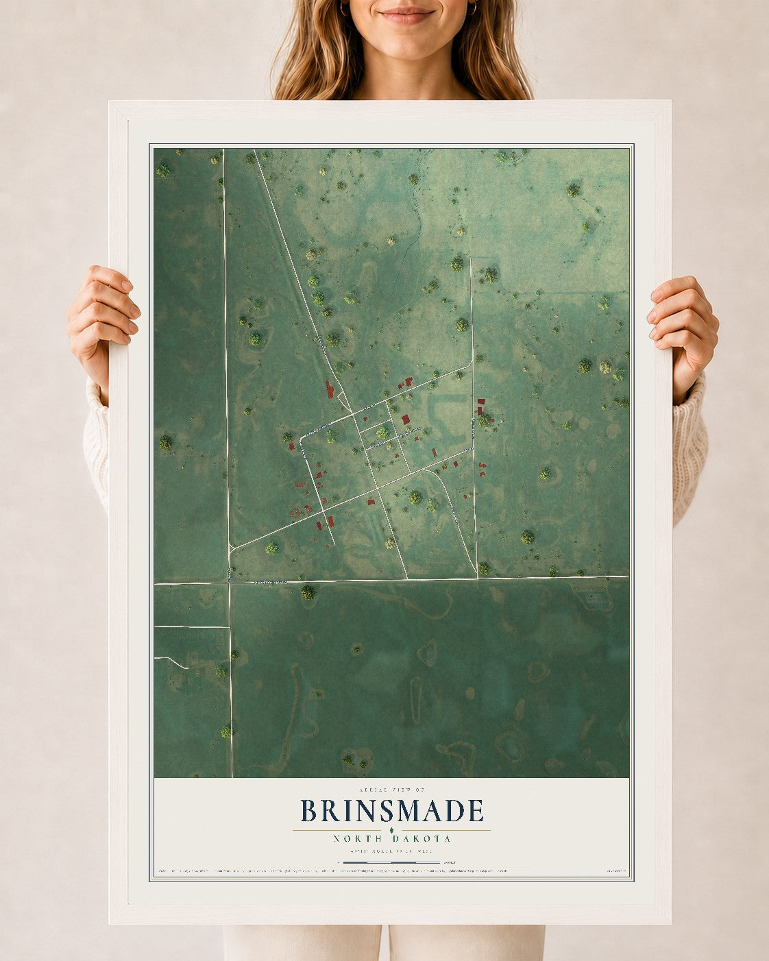 Map of Brinsmade, North Dakota, 24 x 36 inch print in a white wood frame