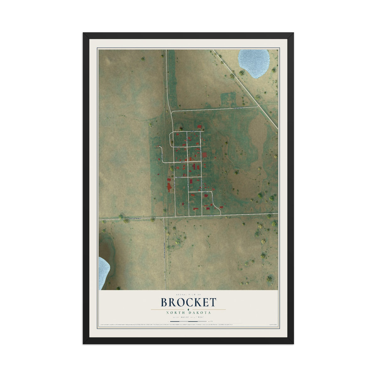 Map of Brocket, North Dakota, 12 x 18 inch print in a black wood frame