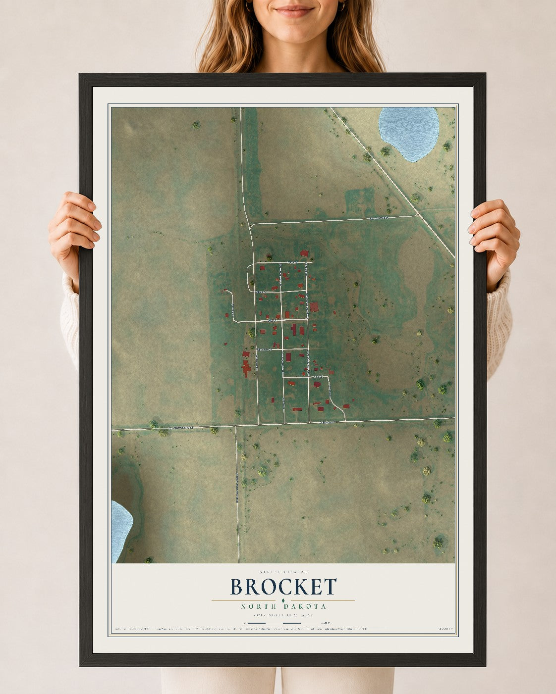 Map of Brocket, North Dakota, 24 x 36 inch print in a black wood frame