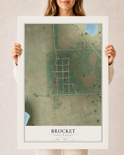 Map of Brocket, North Dakota, 24 x 36 inch print in a white wood frame