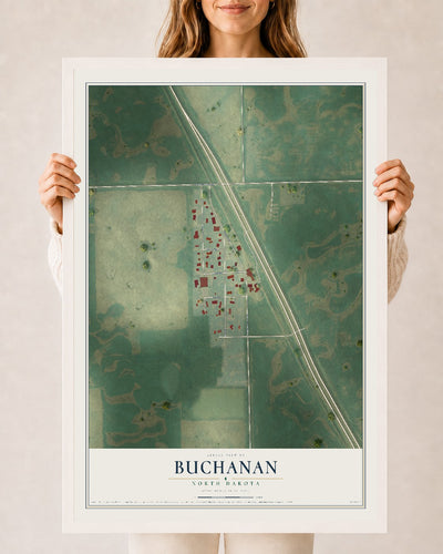 Map of Buchanan, North Dakota, 24 x 36 inch print in a white wood frame