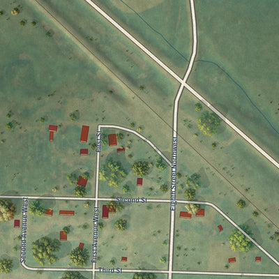 Close-up of the map of Bucyrus, North Dakota print showing street and building detail