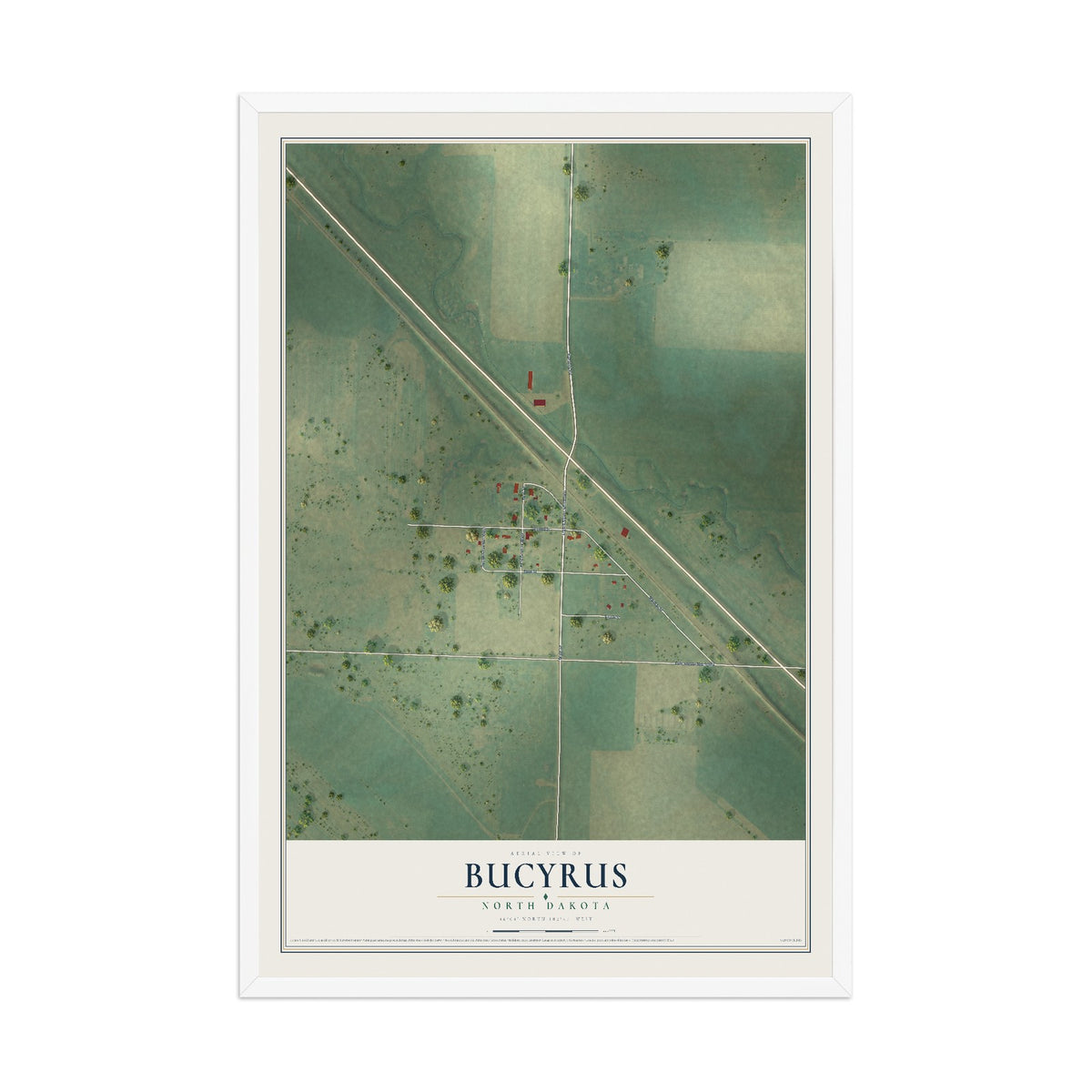 Map of Bucyrus, North Dakota, 12 x 18 inch print in a white wood frame